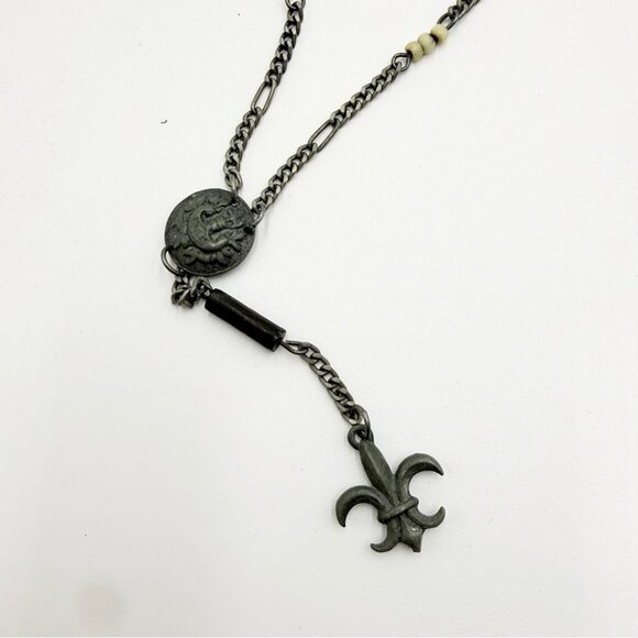 Vintage Fleur-de-Lis Y Necklace Gunmetal Chain Pendant Necklace - Picture 4 of 8